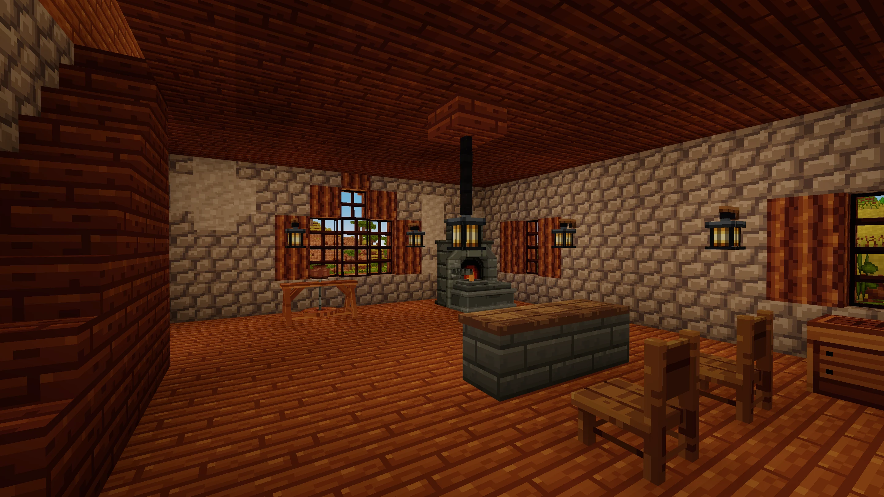 Inside a stone-and-timber house: chairs, a long counter, a pottery table, and a lit casting furnace