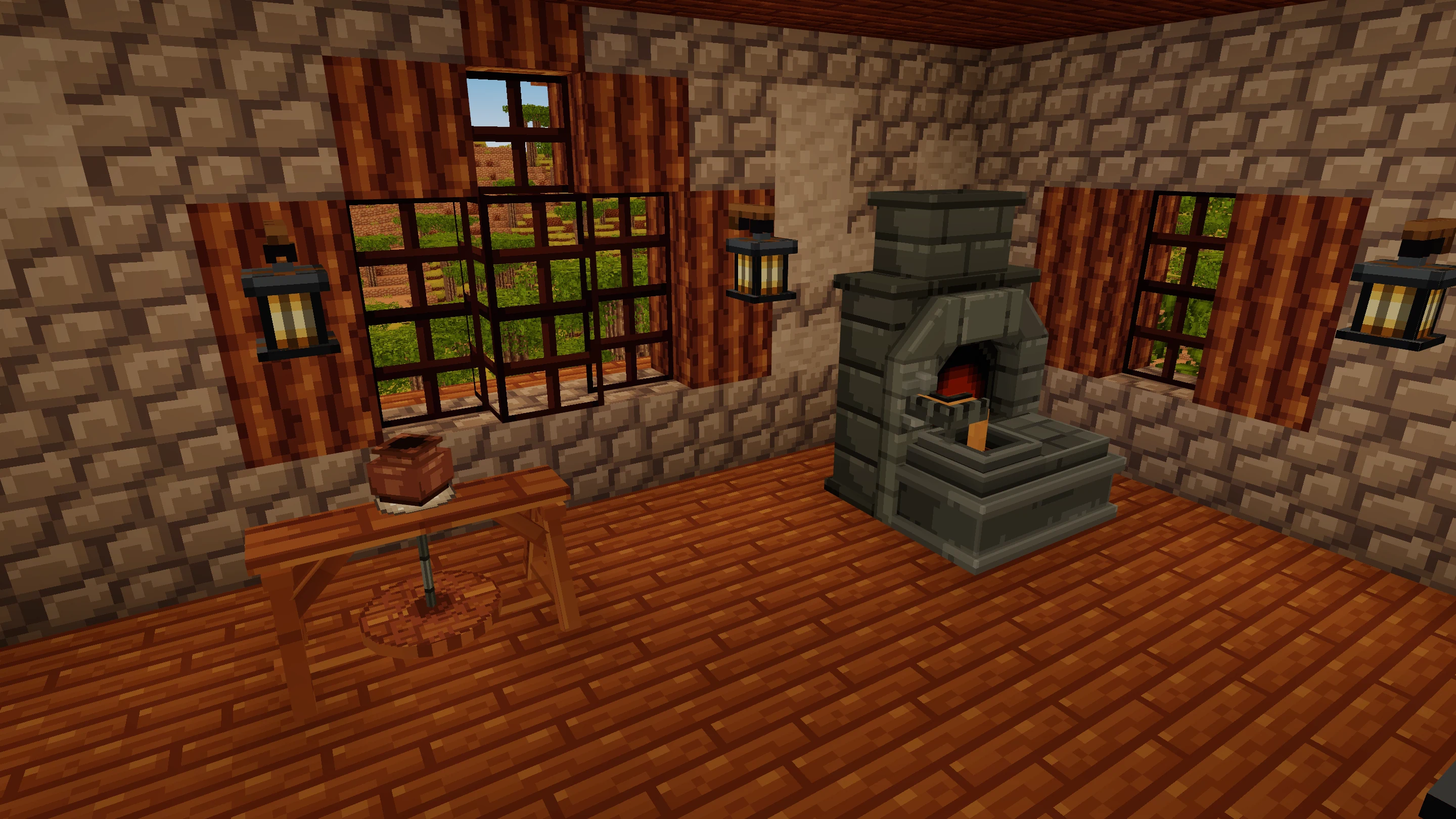 A lit forging furnace pouring metal into an axe-head mould beside a pottery table