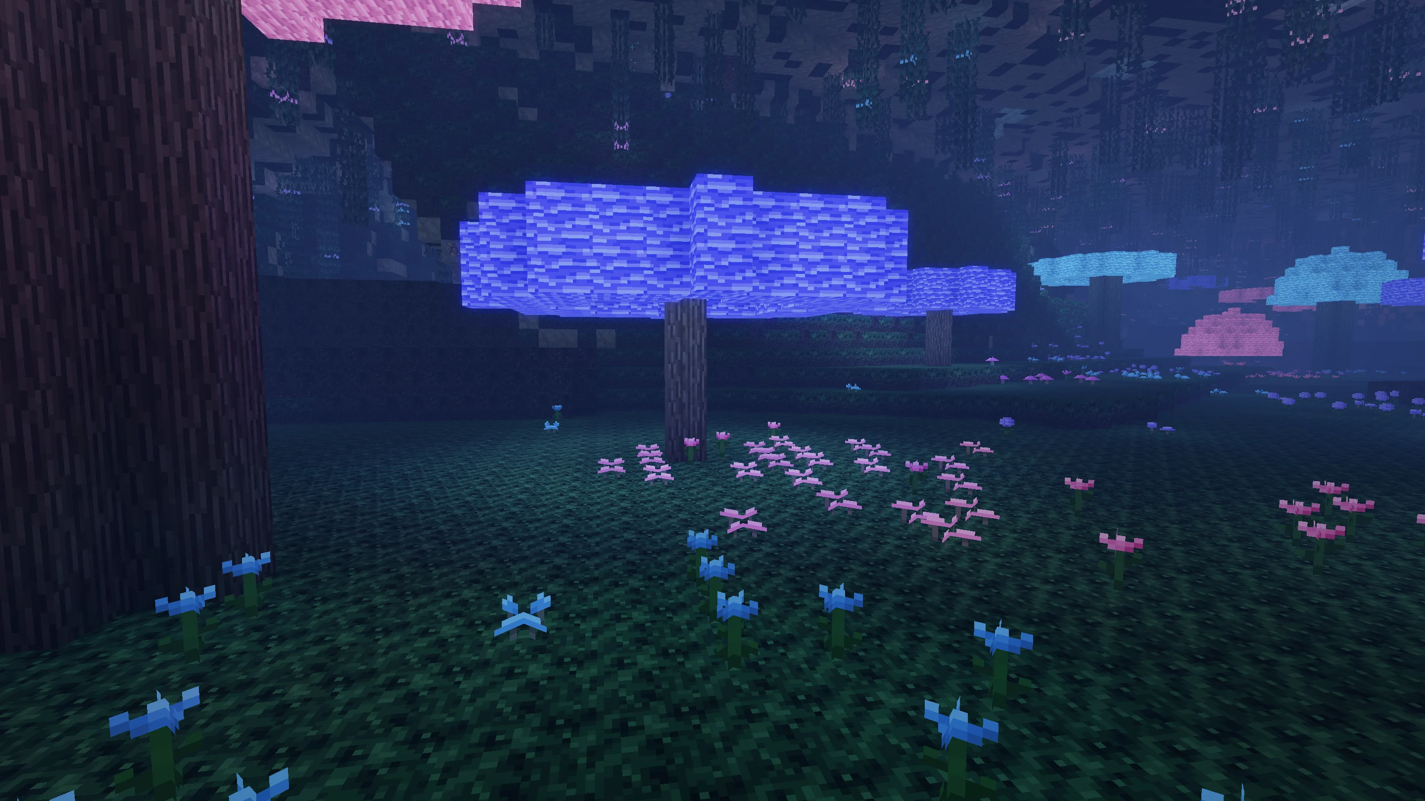 Violet mushroom canopies light a vast cavern deep beneath Petramond’s surface